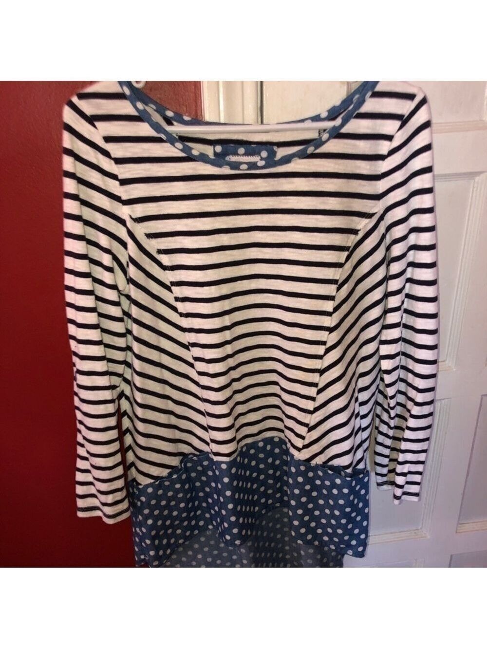 𝅺Anthropologie Postmark Fairley Postage Stamp Roll Tab Striped Polka Dot Shirt - Picture 5 of 12